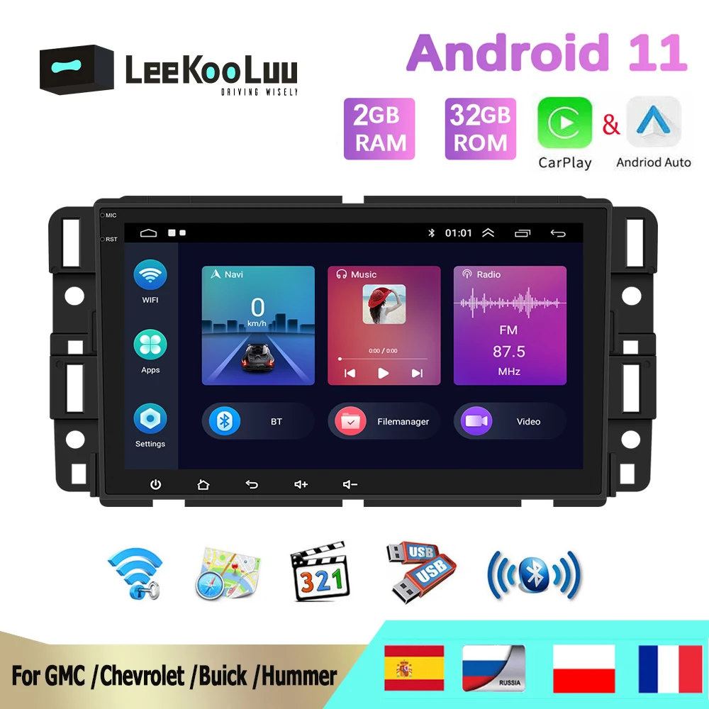 LeeKooLuu Авторадио 2 Din Android 11 Автомагнитола для GMC/Chevrolet/Buick/Hummer GPS Мультимедийный плеер WiFi Беспроводной Carplay