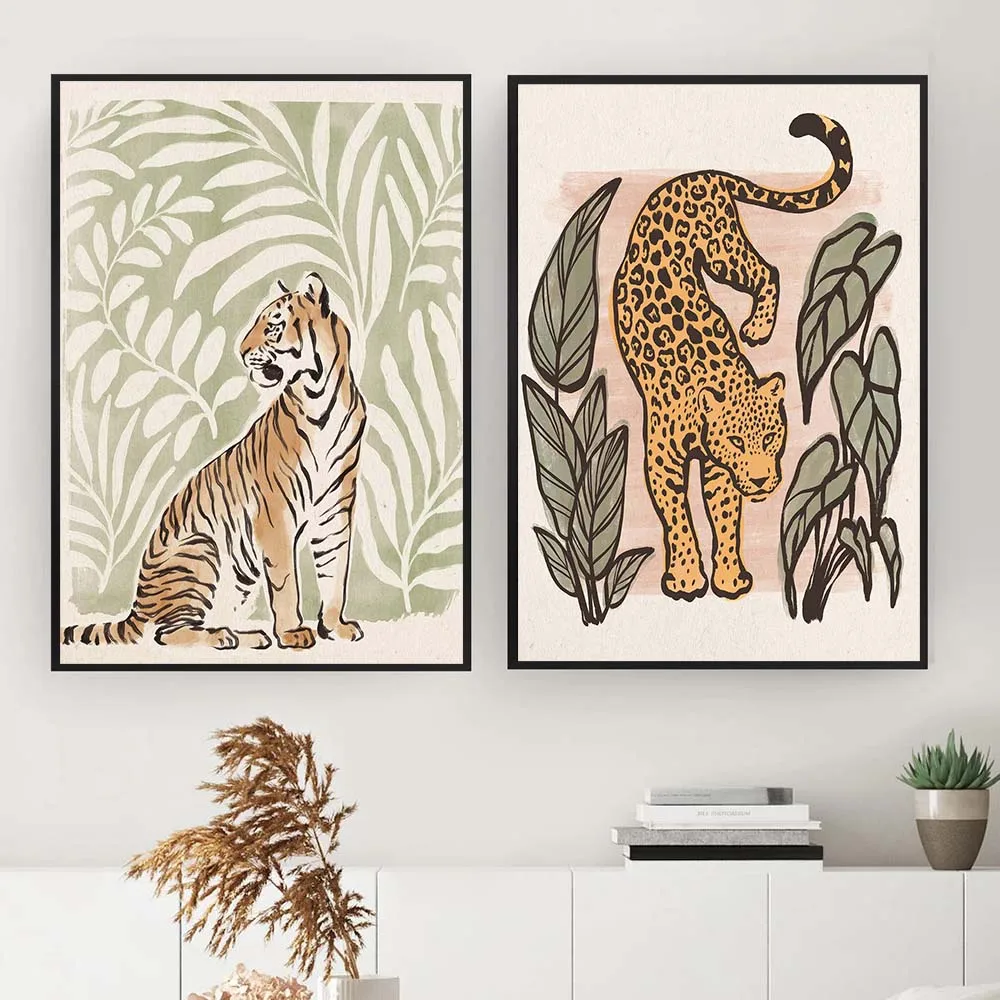Винтажная девушка из джунглей, растение, Леопардовая кошка, современный скандинавский плакат, настенные принты, Бохо, холст, живопись, декор Для гостиной