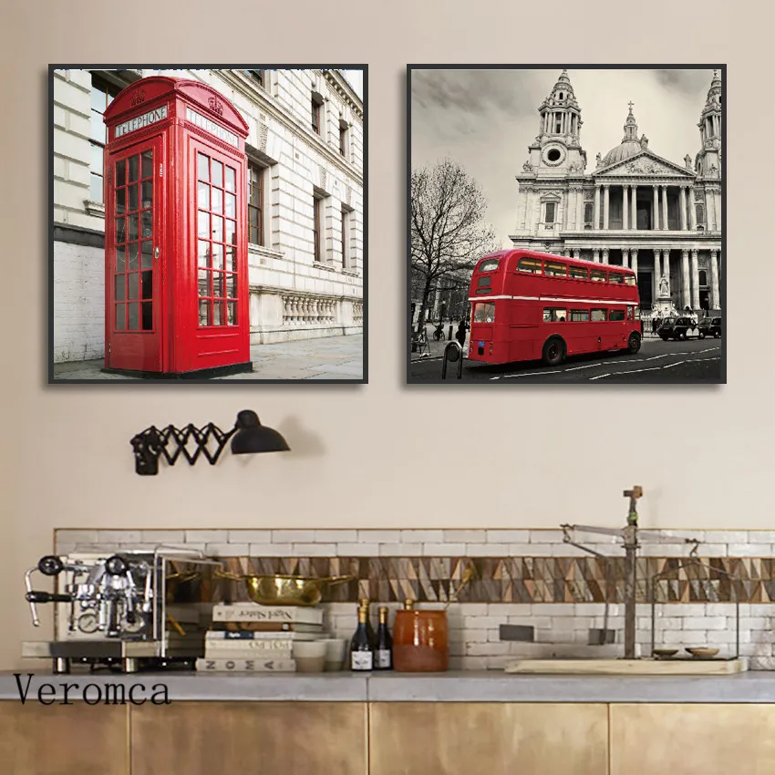 Принты с изображением телефонной будки в красном Лондонском автобусе, черно-белый Лондонский уличный пейзаж, Настенное искусство, холст, картина, Плакат для украшения дома